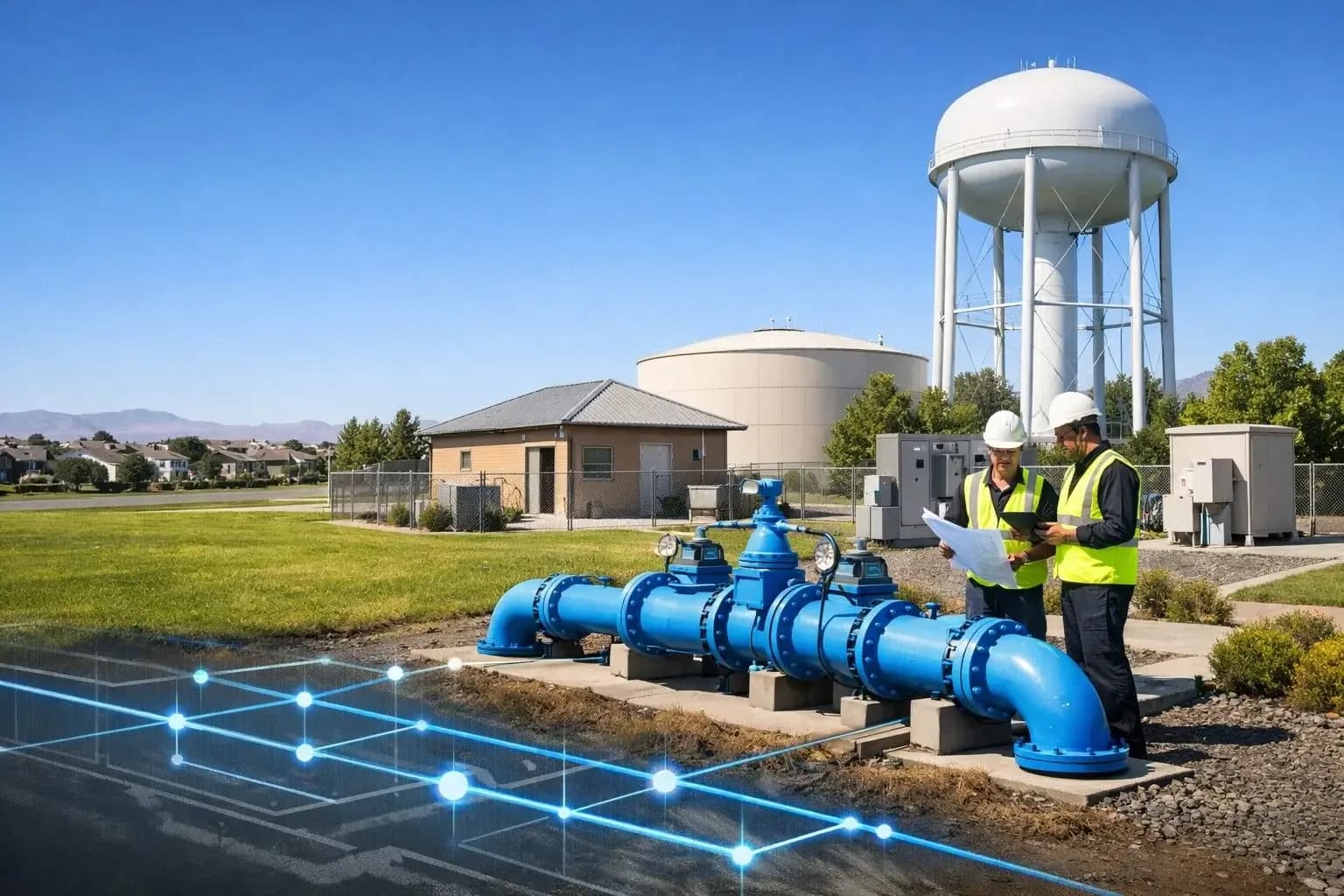 Nevada water engineering infrastructure showing municipal wells, water storage tanks, and distribution pipelines used for groundwater supply and community water systems.