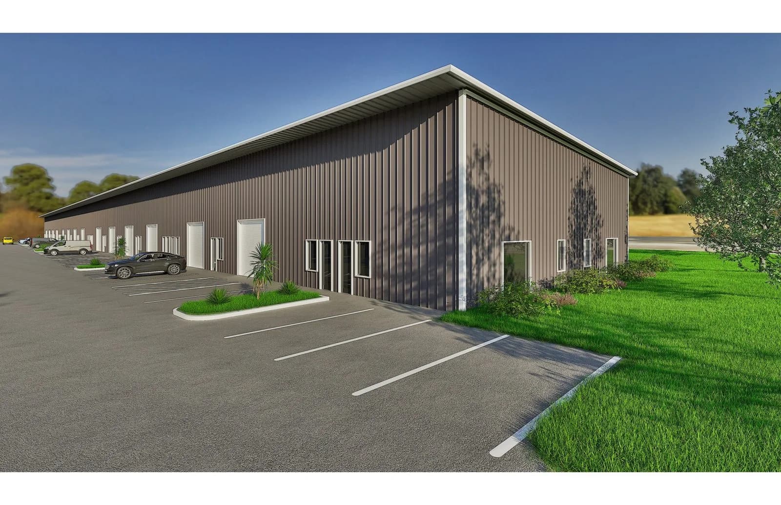 Rendering of a long metal-clad warehouse building with roll-up doors and a paved parking lot