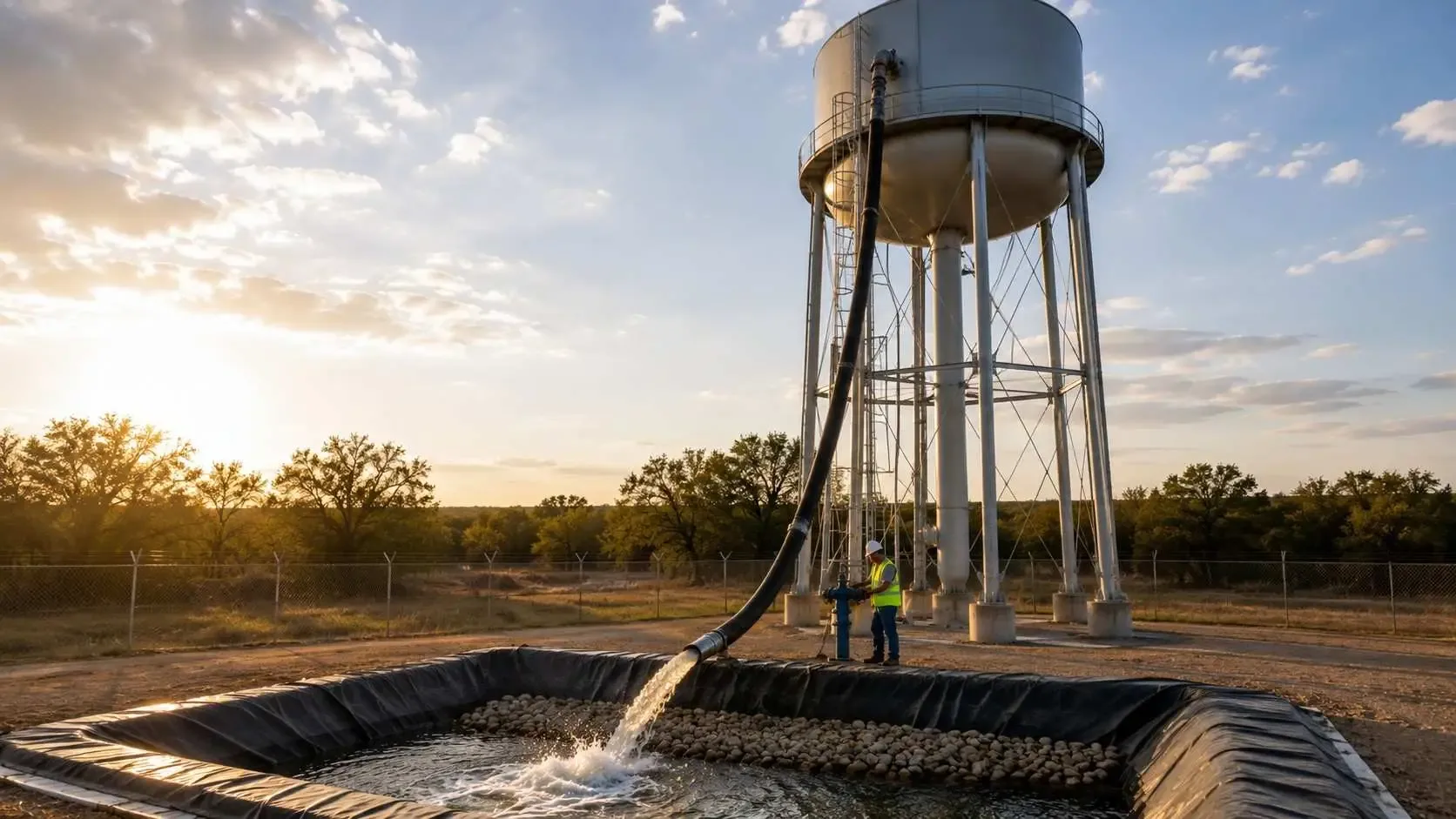 Elevated tank discharging test water down to grade