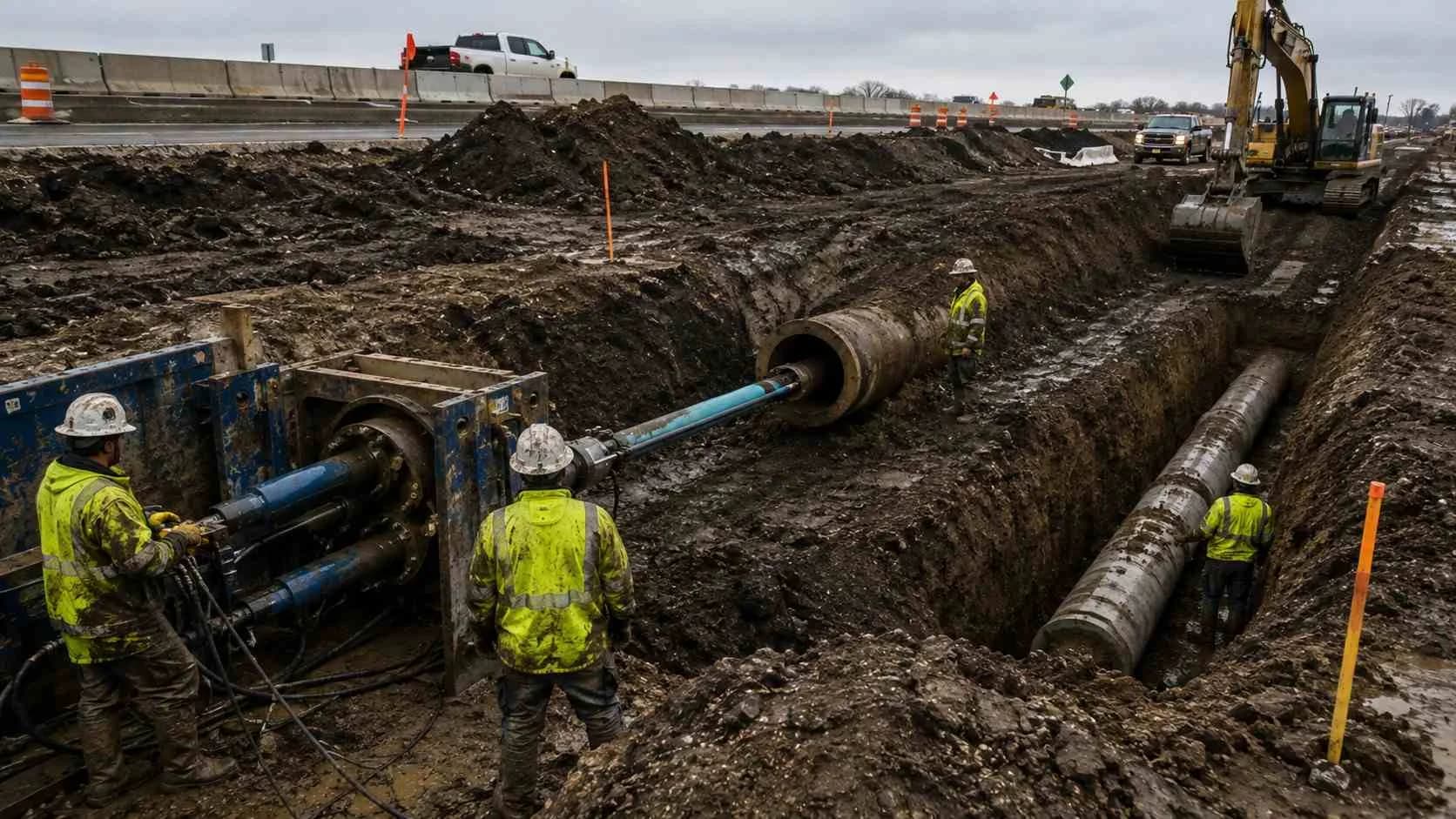Water main and sewer crossing relocation beneath TxDOT highway construction corridor.