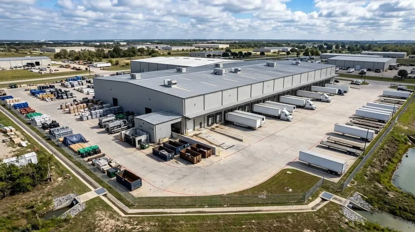 Aerial view of a Texas industrial facility showing outdoor storage yards, loading docks and stormwater outfall points.