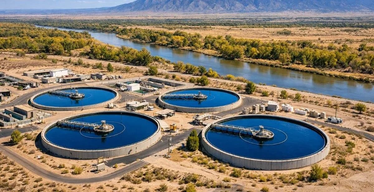 Modern water treatment facility in New Mexico desert with clarifier tanks, arid landscape, and mountains in background