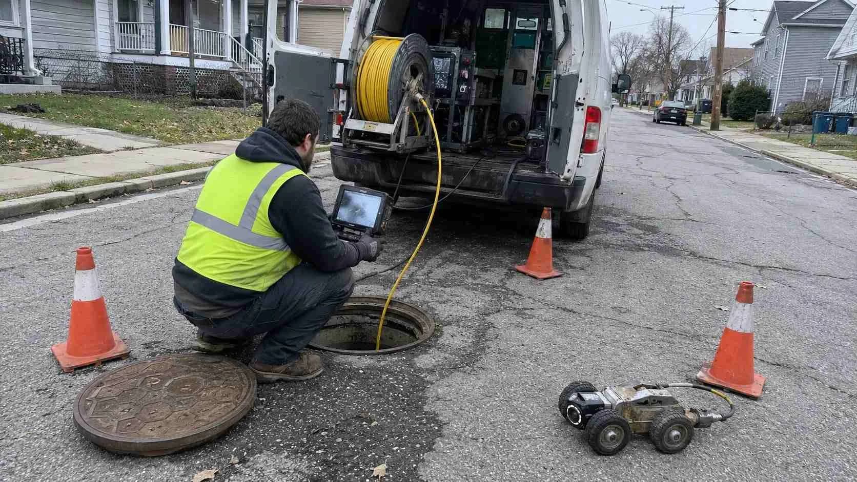 CCTV inspection equipment deployed into a sewer line