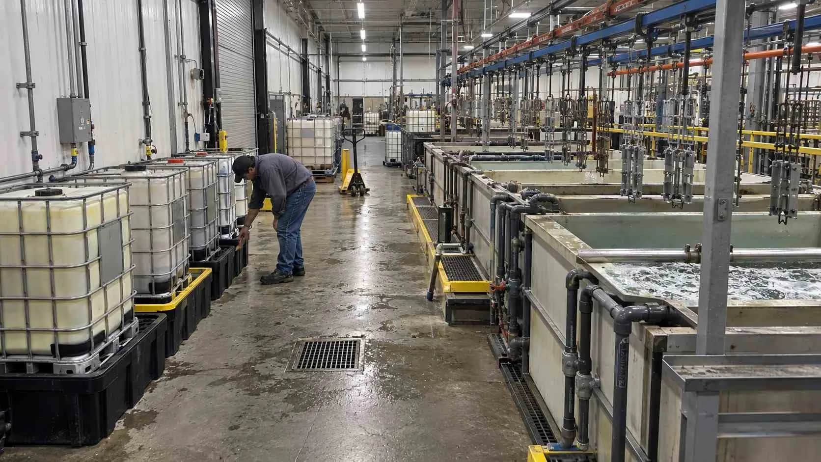 Industrial chemical storage area near a floor drain