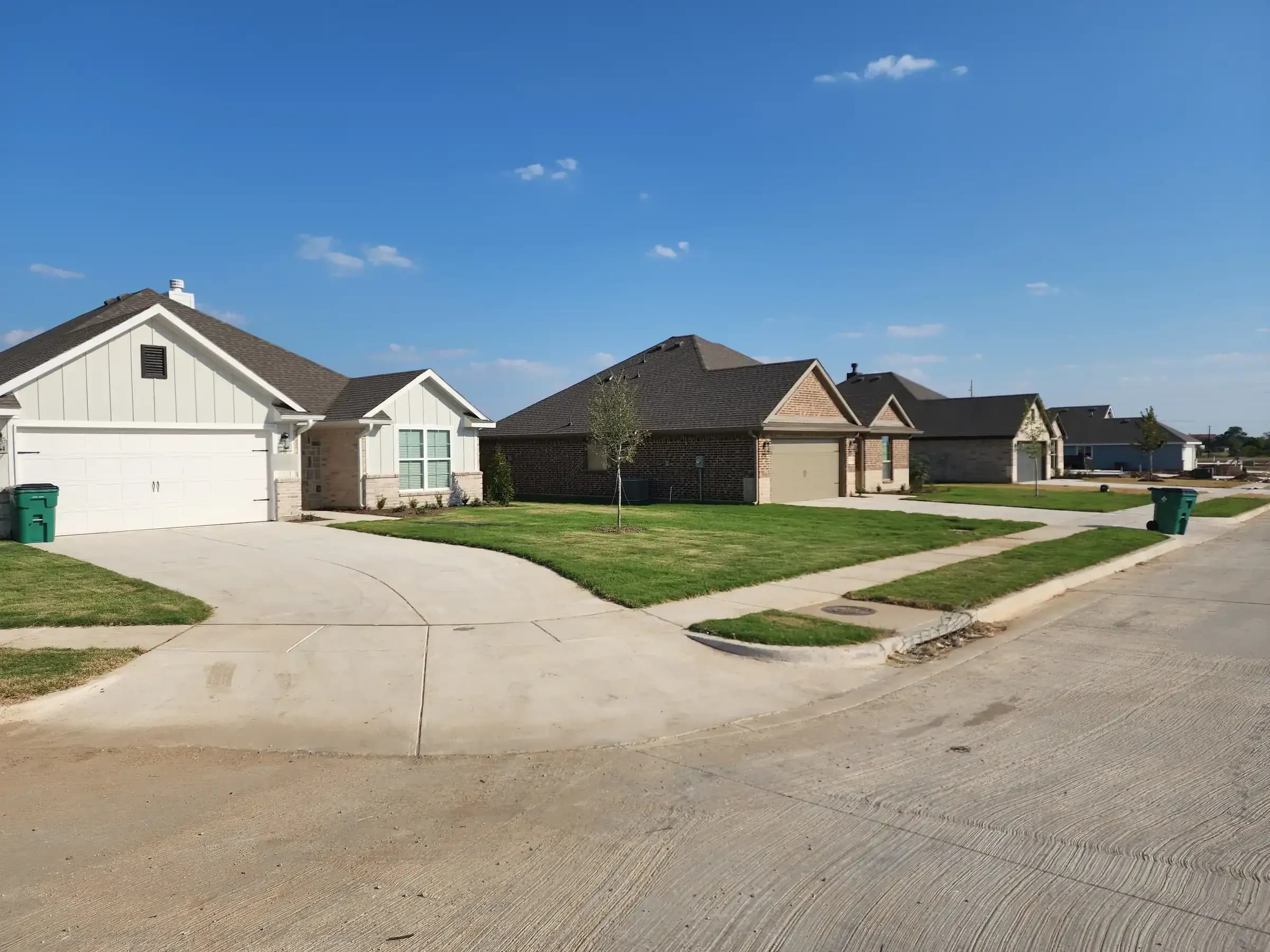 New single-family homes along a freshly poured concrete street, with new lawns and young trees.