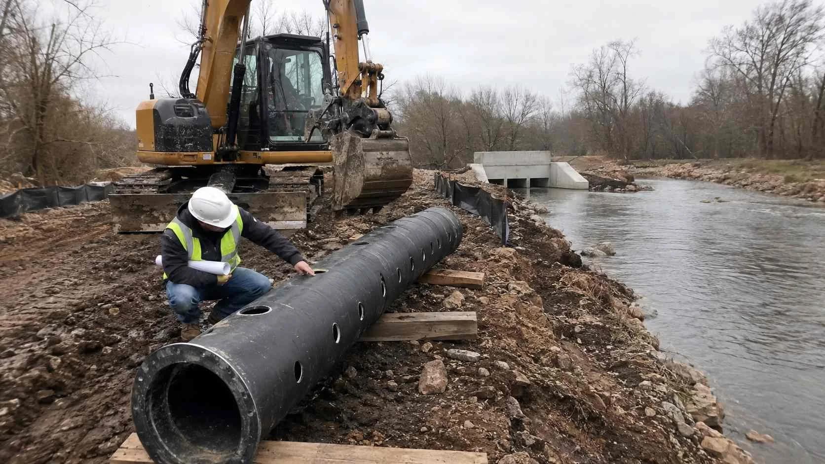 Completed outfall structure discharging into a stream