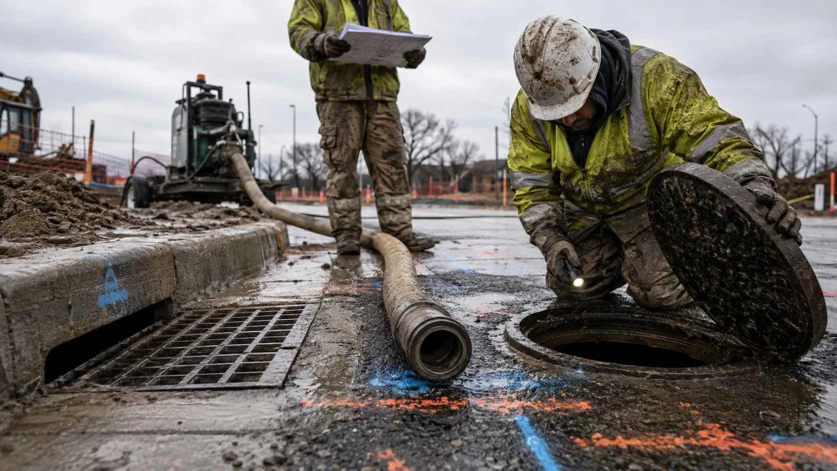 Construction crew at open manhole and storm drain inlet on Texas job site confirming correct discharge pathway.