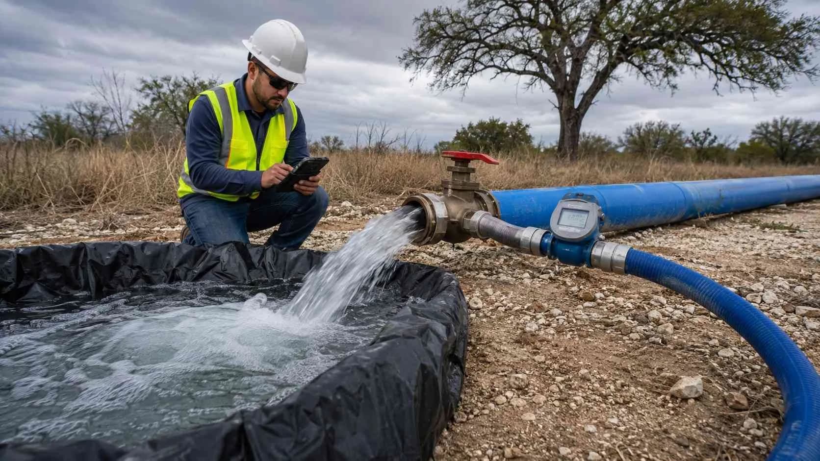 Field technician monitoring pipeline test water discharge volume