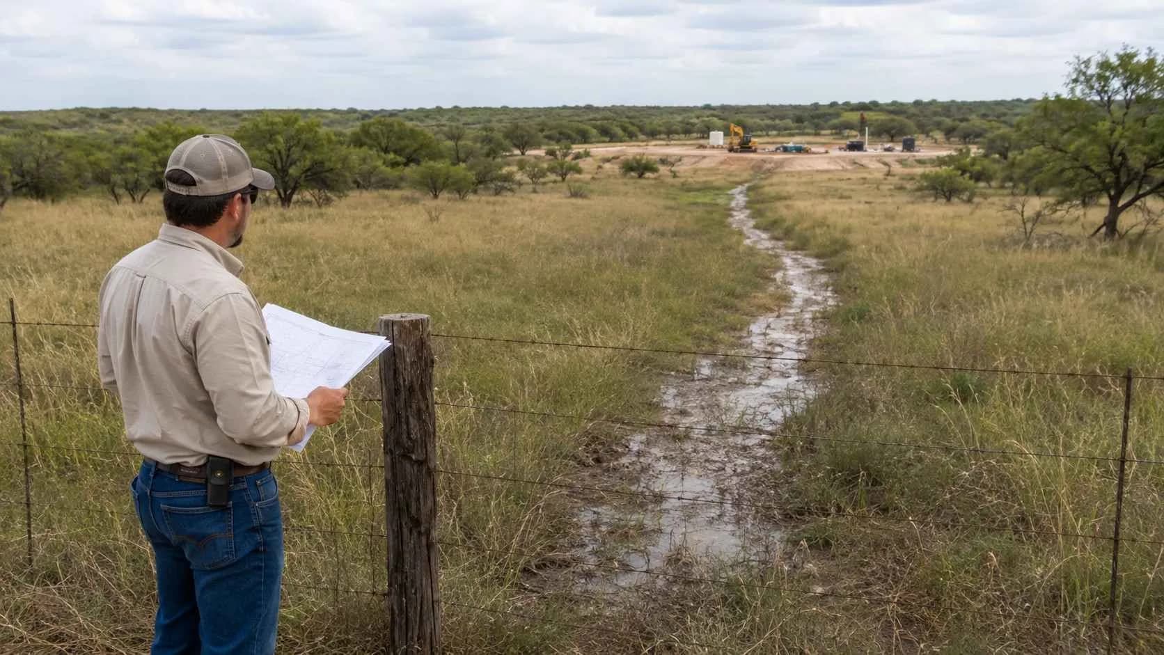 Engineer checking discharge flow path against a property line