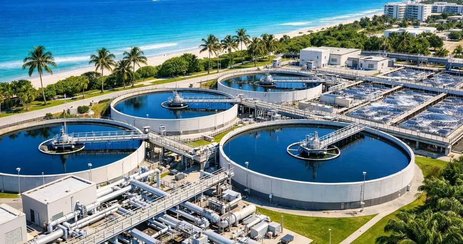 Modern water treatment facility in coastal Florida with clarifier tanks, palm trees, and blue ocean in background