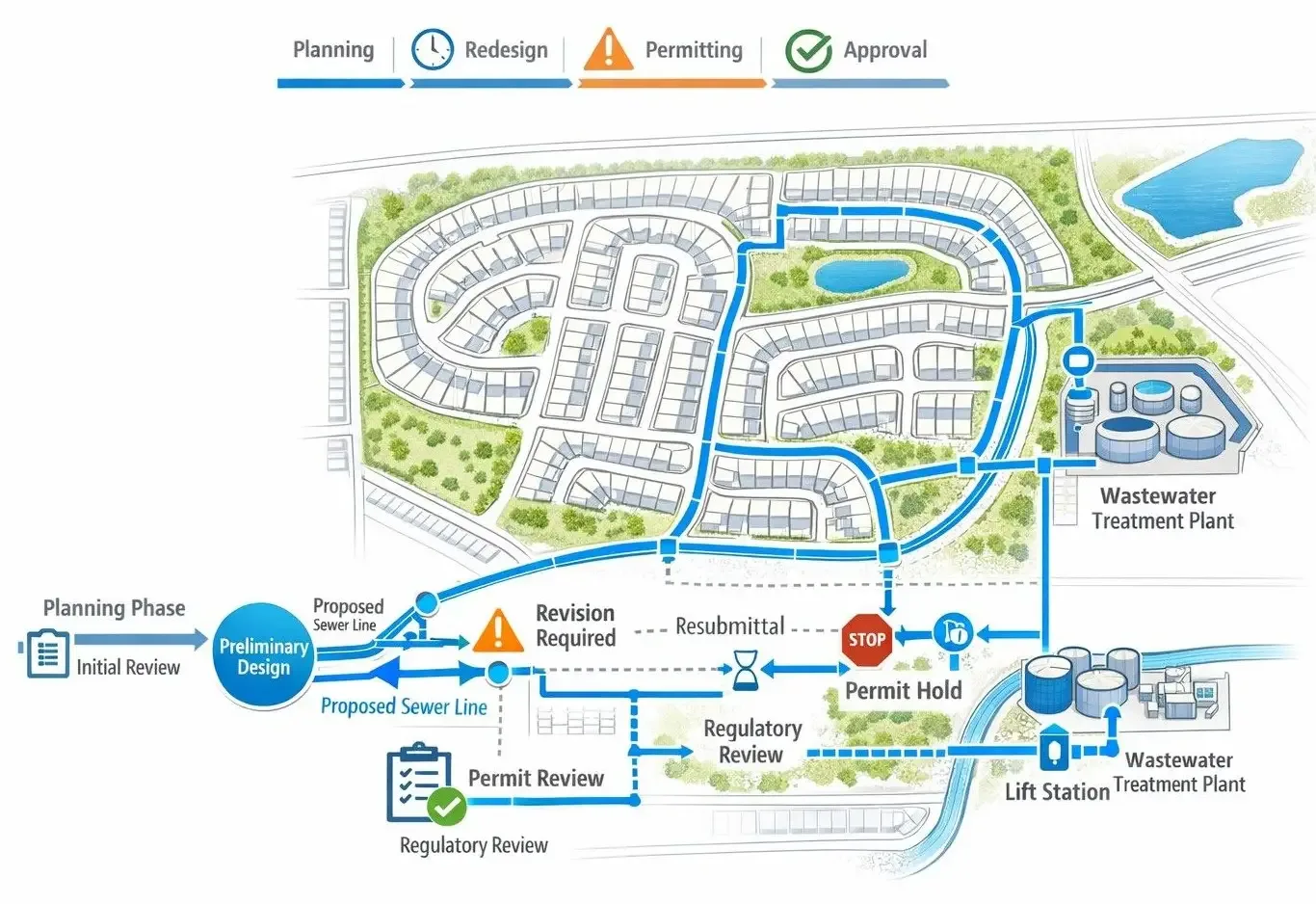 Civil engineering wastewater infrastructure planning diagram illustrating TCEQ wastewater permit delays affecting Texas development timelines.