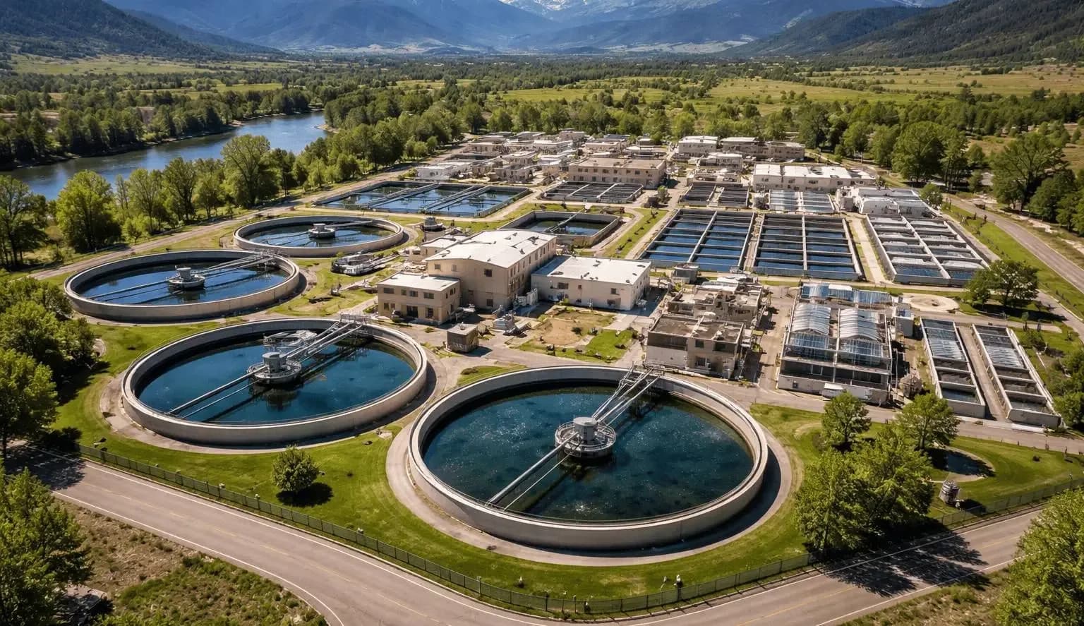 Aerial view of a wastewater treatment plant with clarifier tanks and treatment basins set against Colorado's mountain landscape