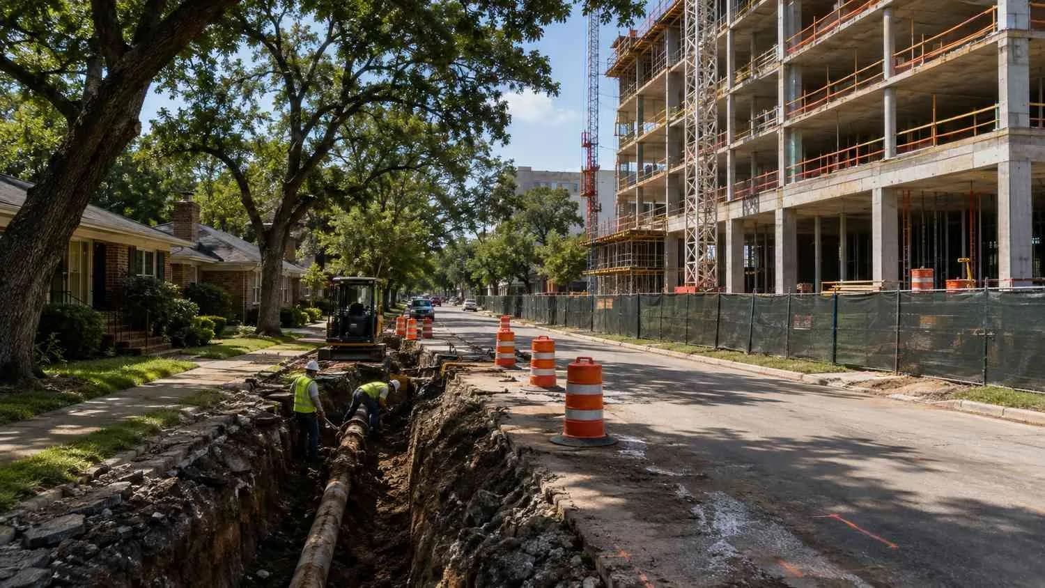 Dallas older infill neighborhood street with aging utility infrastructure alongside new multifamily development.