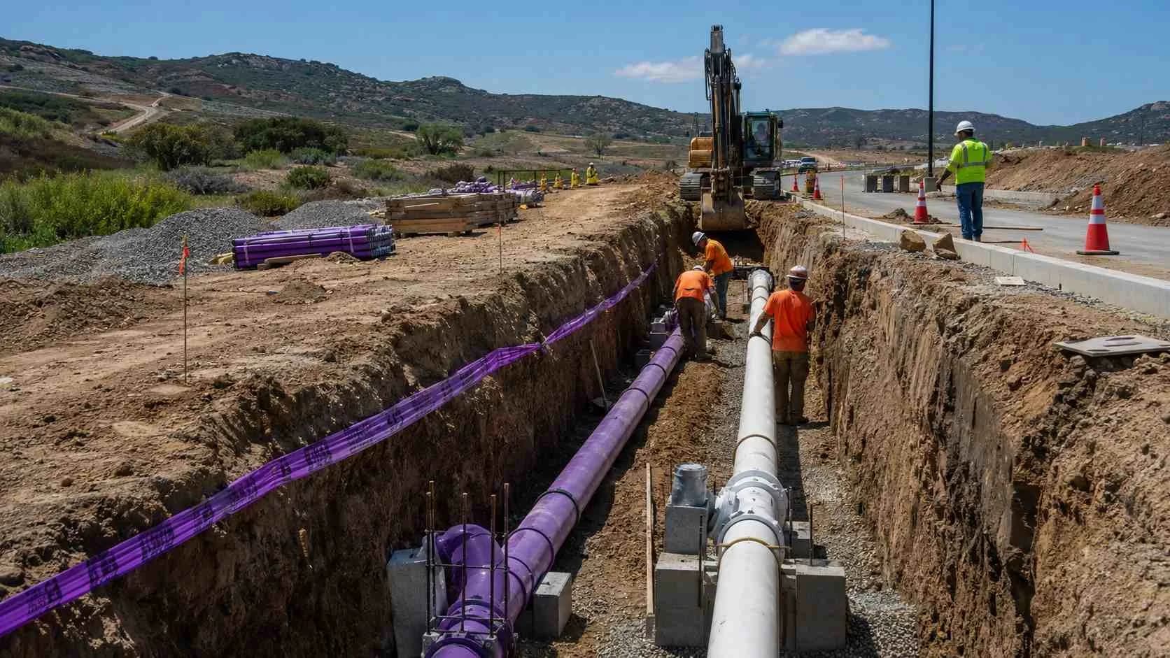 Purple pipe recycled water distribution system installation at California development site.