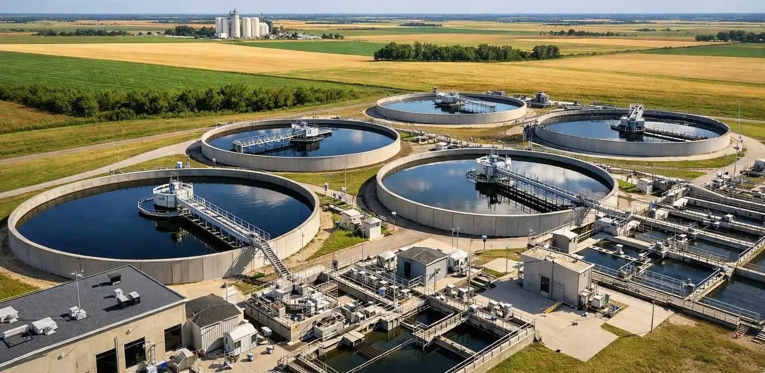 Modern water treatment facility in Kansas with clarifier tanks surrounded by agricultural fields and prairie landscape