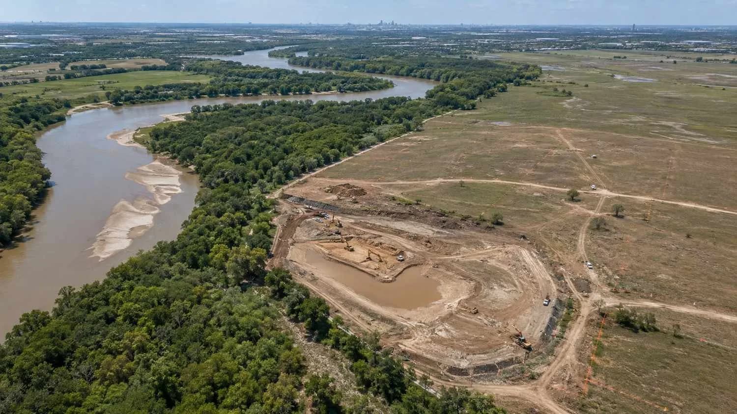 Trinity River floodway corridor aerial showing development constraints near Dallas.