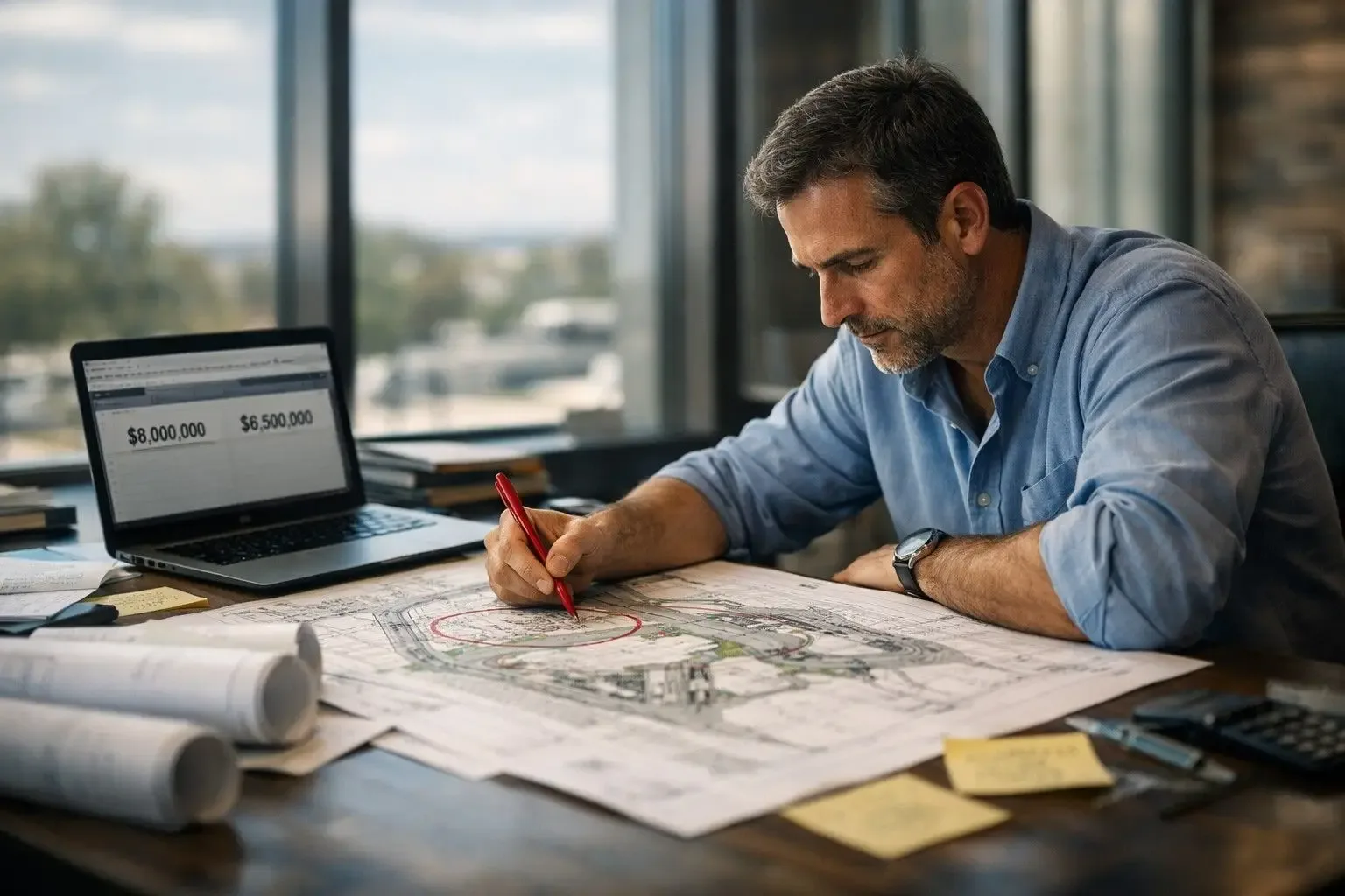 Civil engineer reviewing approved civil plans for construction cost optimization on a Texas development project