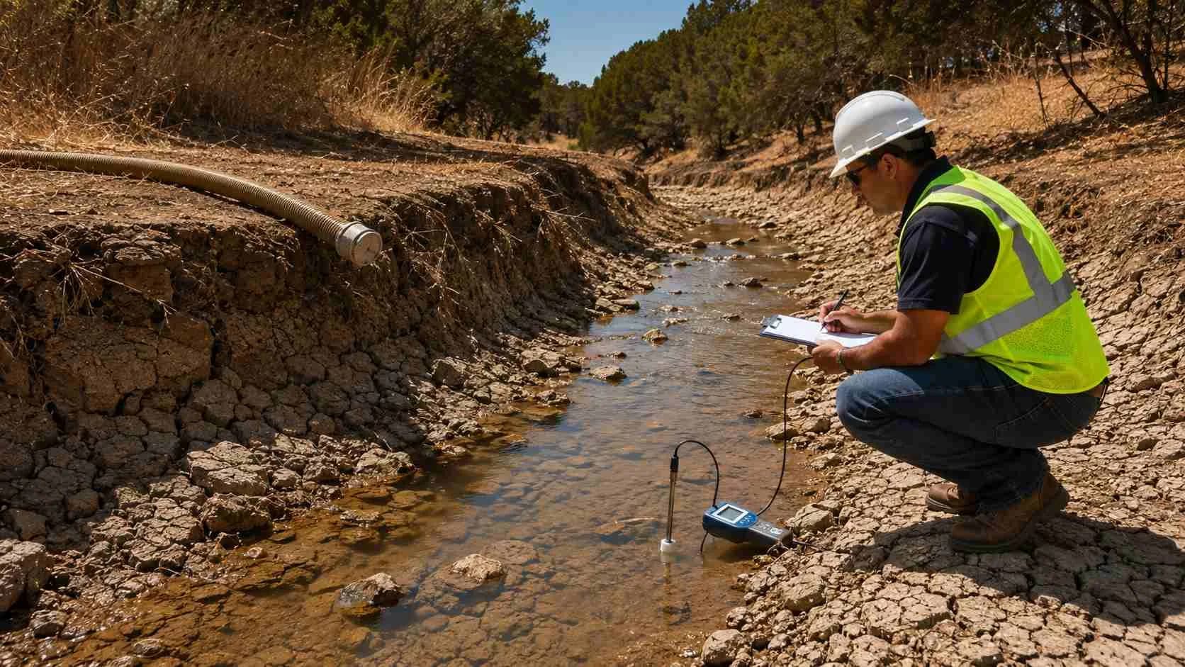 Dry low-flow Texas creek receiving water during drought conditions showing reduced dilution capacity for construction discharge.