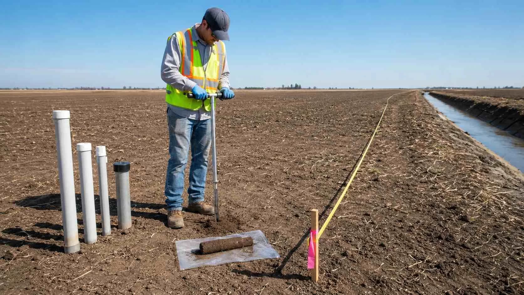 Field engineer conducting soil sampling and setback measurement at California land application feasibility site.