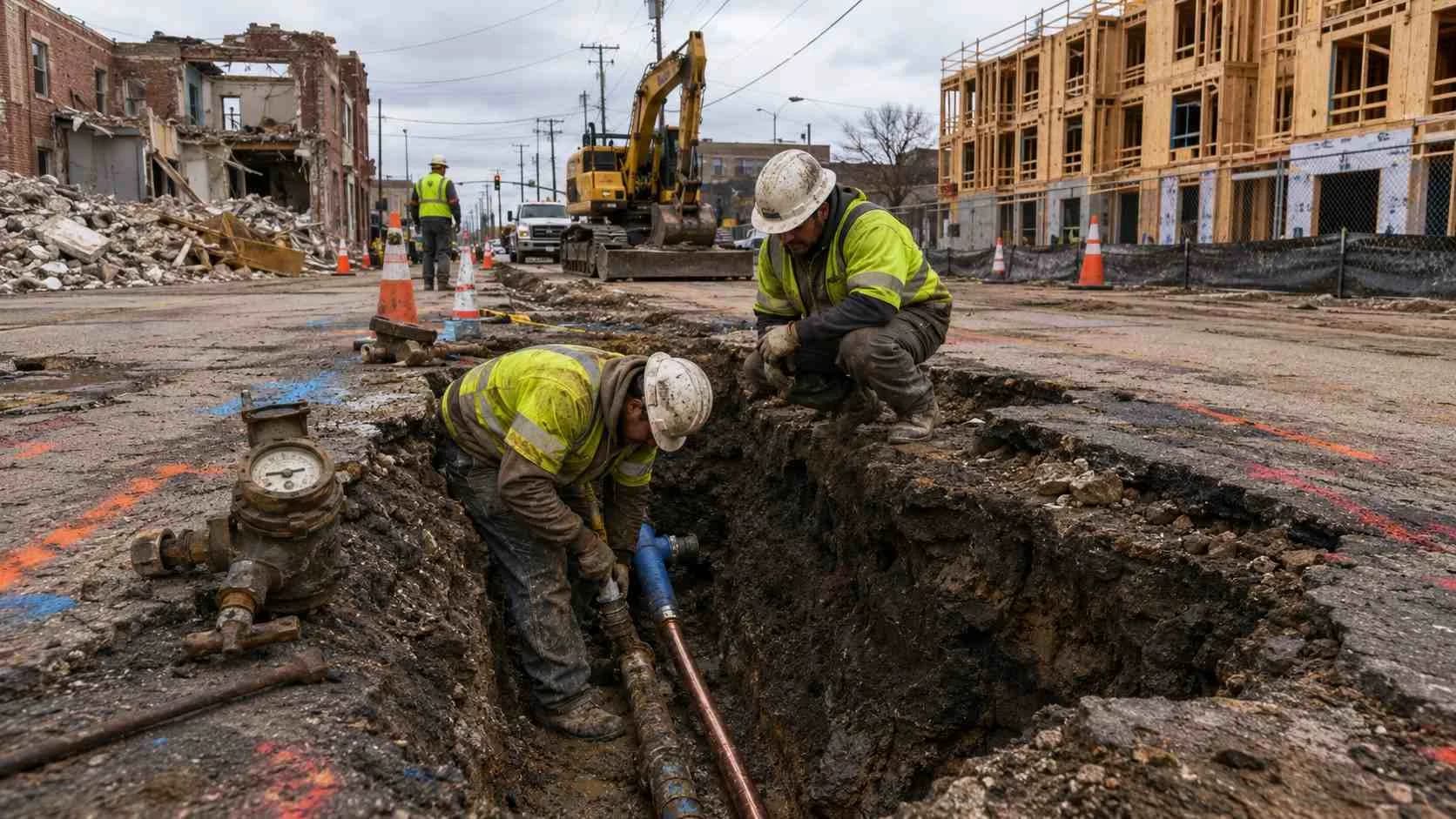Utility crew upsizing aging water service line at Dallas infill redevelopment site.
