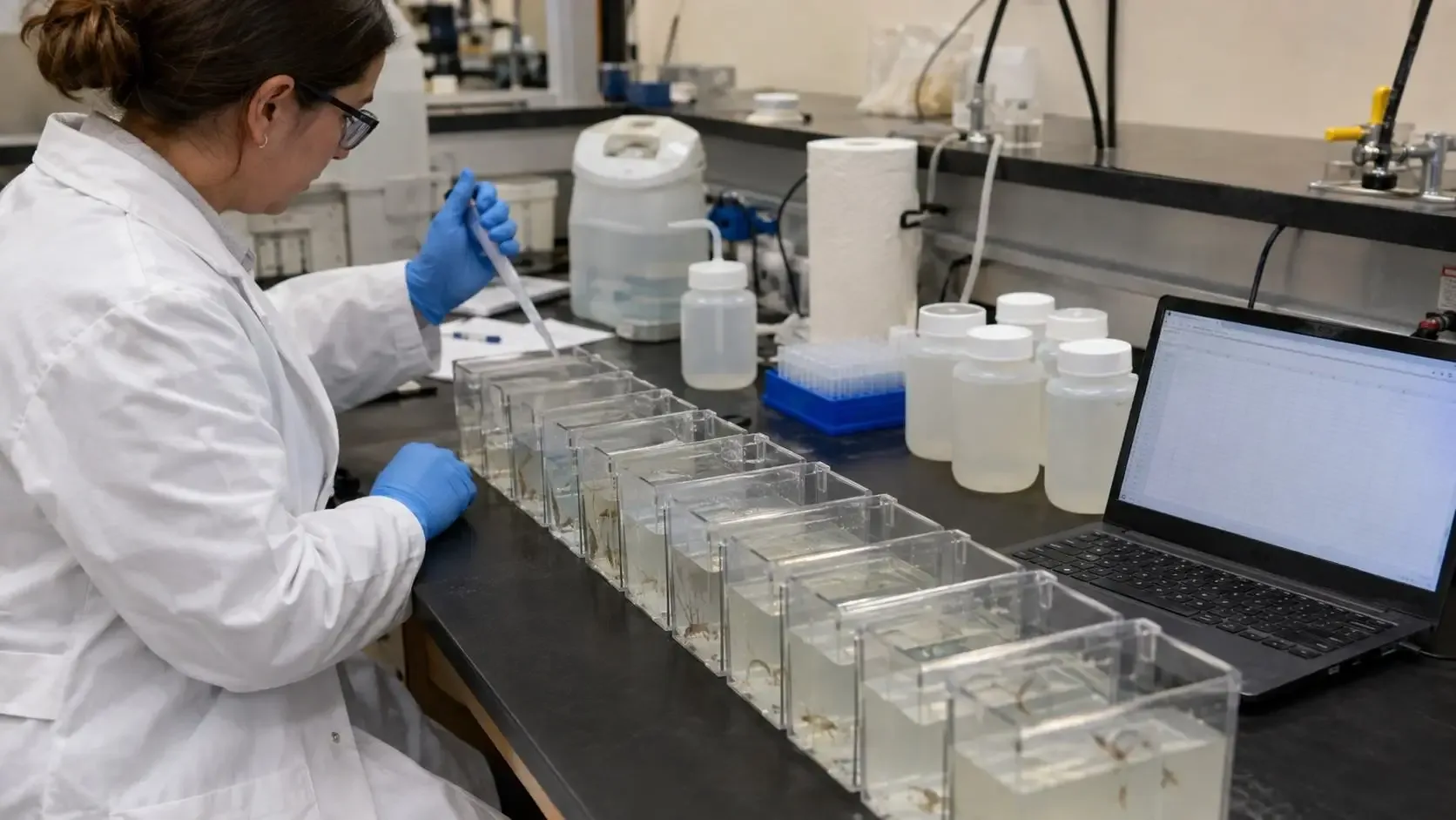 Laboratory technician conducting a WET toxicity test