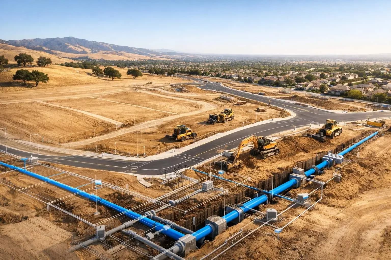 Water and Wastewater engineering in California site showing civil infrastructure planning, roadway layout, underground water and sewer utilities, and construction equipment used in residential and commercial development projects.