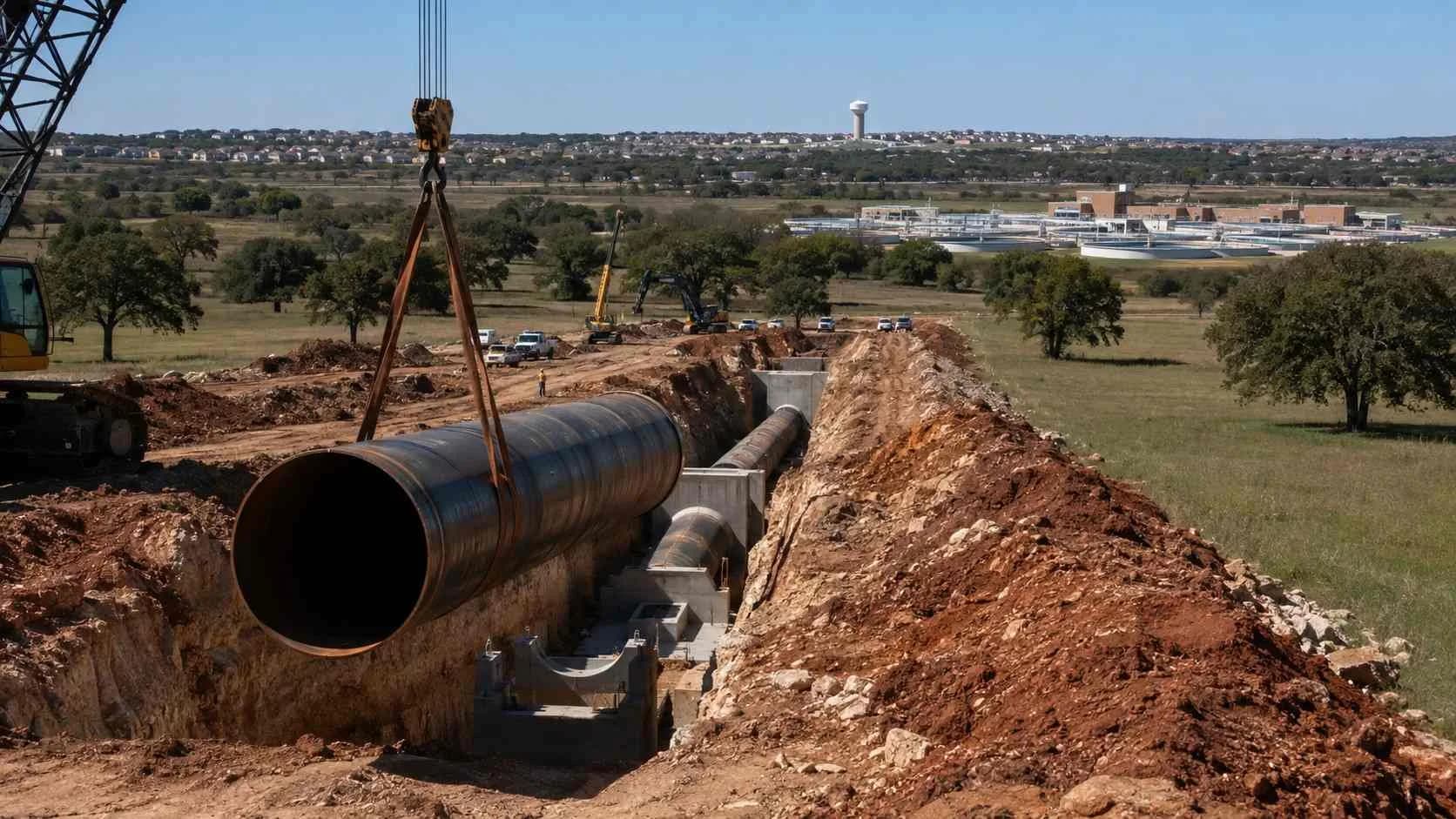 Large diameter water transmission main installation in western DFW Tarrant County growth corridor.