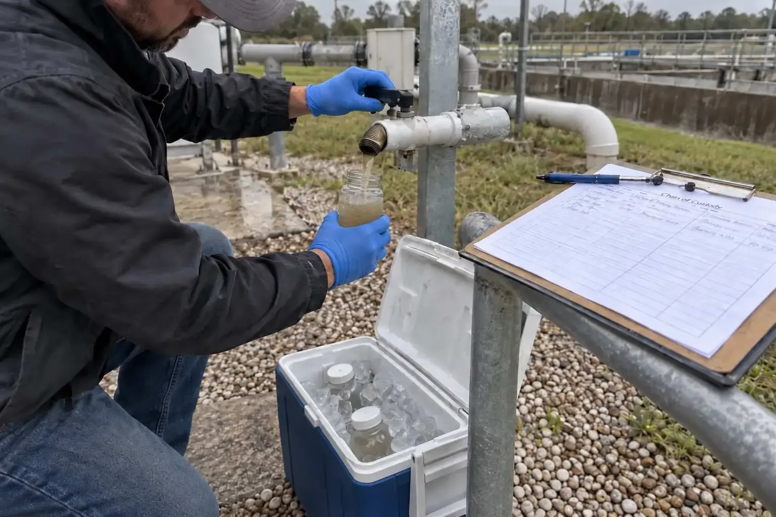 Collecting a PFAS wastewater sample for laboratory analysis