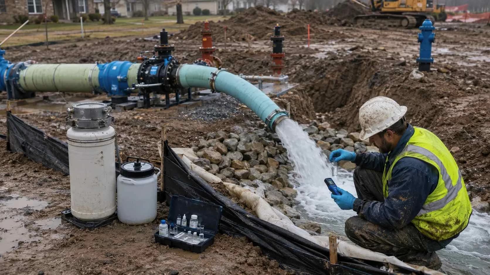 New water main disinfection flushing operation with dechlorination treatment at discharge point.