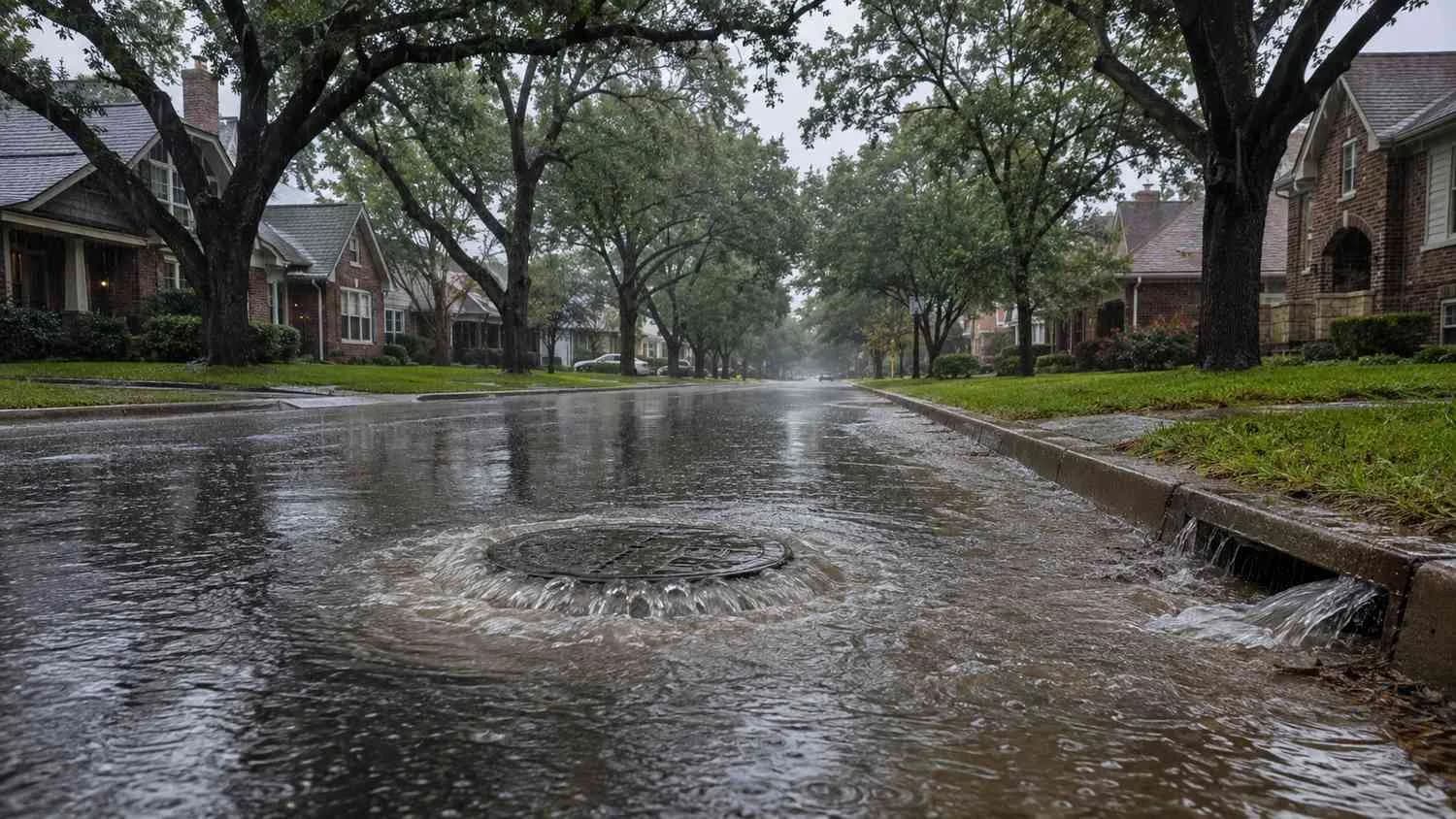 Aging sewer manhole surcharging during wet weather in Dallas older watershed.