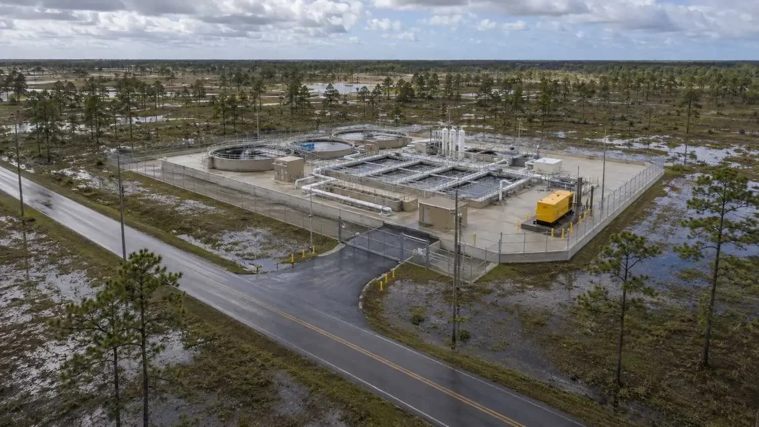 Aerial view of Houston area flooding surrounding water infrastructure.