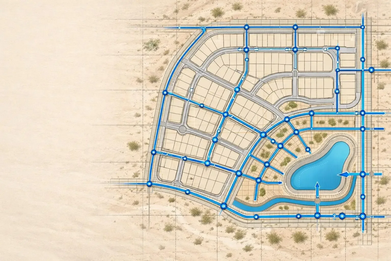 Arizona land development engineering infrastructure map showing subdivision layout, road networks, and underground water, sewer, and stormwater pipelines.