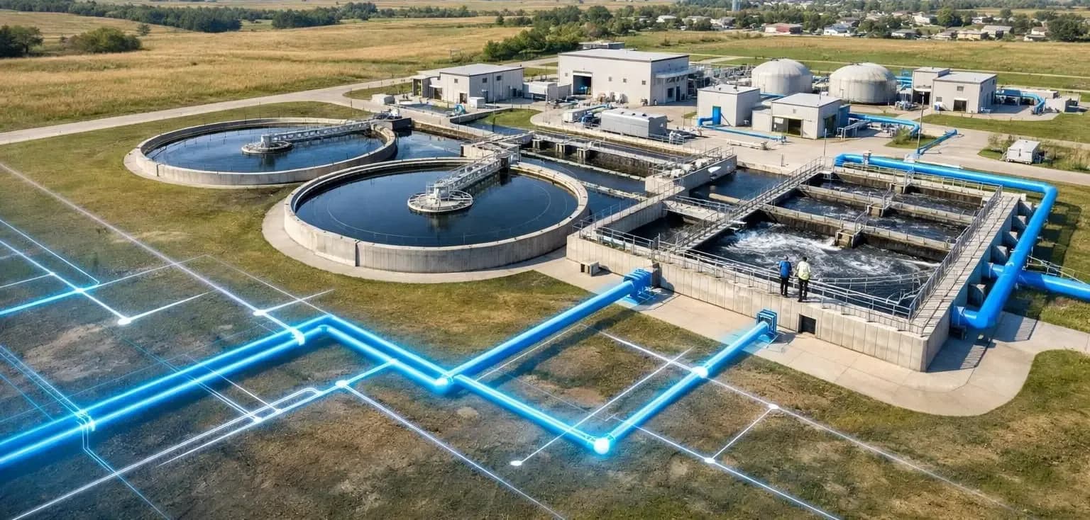 Oklahoma wastewater treatment plant showing clarifiers, aeration basins, pipelines, and civil infrastructure used for municipal wastewater treatment and water quality management.