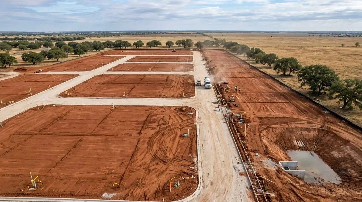 Top-down aerial view of a Texas land development site showing a new subdivision under construction with lot layouts, street grading, utility stub-outs, and drainage infrastructure representing the land development application process requirements