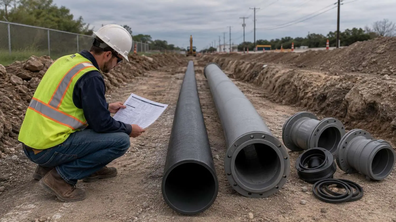Side-by-side installation comparison showing black HDPE pipe sections and grey ductile iron pipe sections laid beside each other at a Texas water distribution project site showing material selection decision