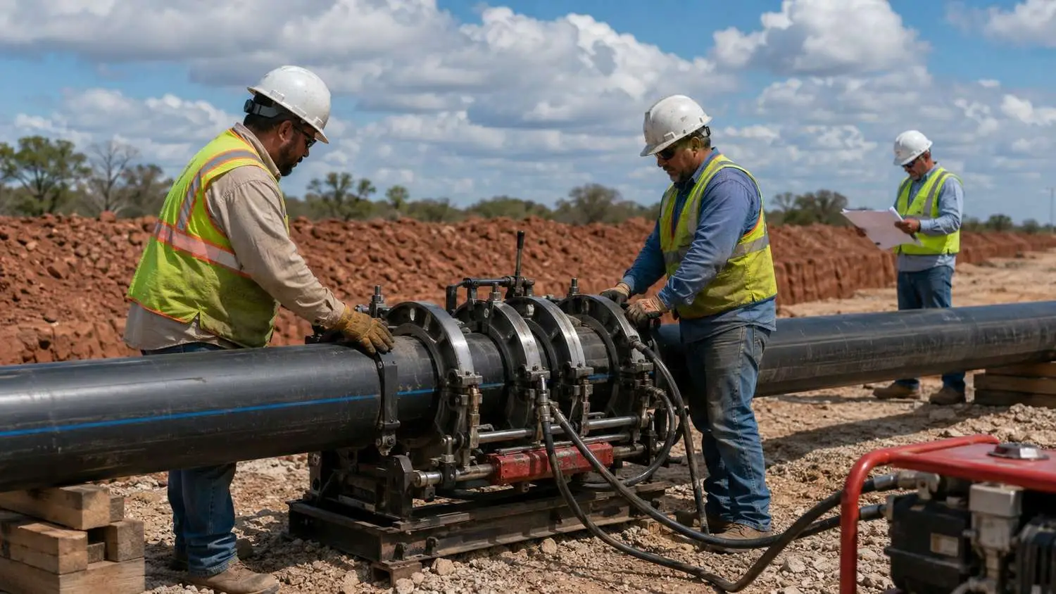 Construction crew using butt-fusion welding equipment to join HDPE pipe sections above ground at a Texas pipeline project site before lowering the assembled pipe into the open trench