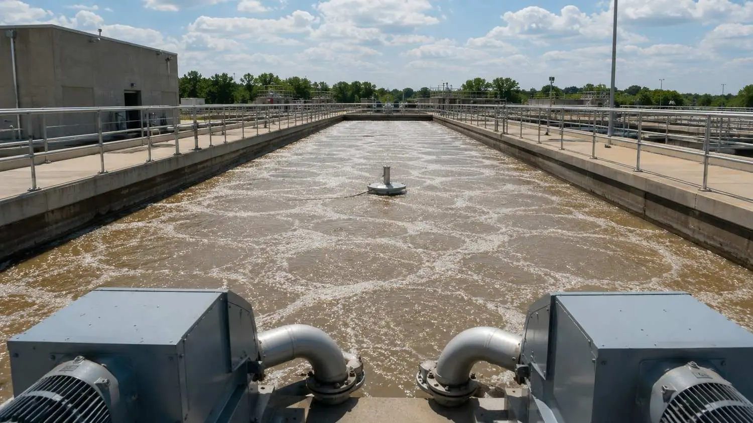 Wastewater treatment plant aeration basin with active biological treatment showing diffused air bubbling through mixed liquor with blower equipment and dissolved oxygen monitoring instrumentation visible