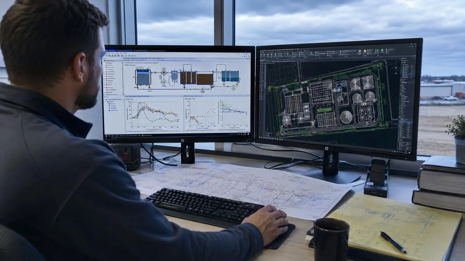 Wastewater treatment engineer reviewing process modeling software output on dual monitors showing biological treatment simulation graphs and AutoCAD plant layout beside a printed process flow diagram