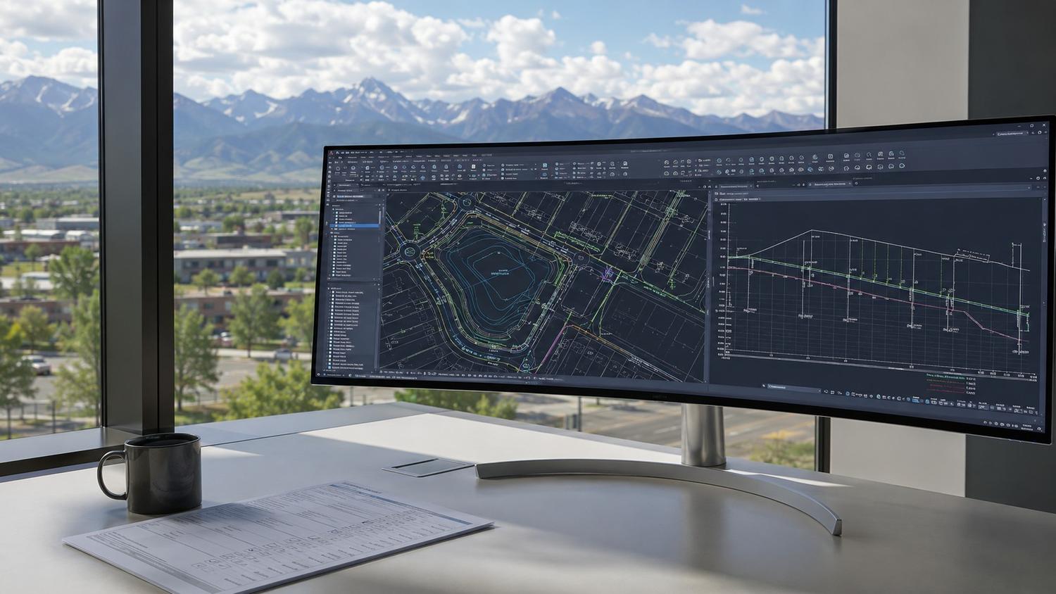 AutoCAD screen showing a Colorado development site plan with storm drainage layout, sanitary sewer alignment, detention pond design, and drainage channel profiles prepared for Denver Wastewater Engineering Department submittal review