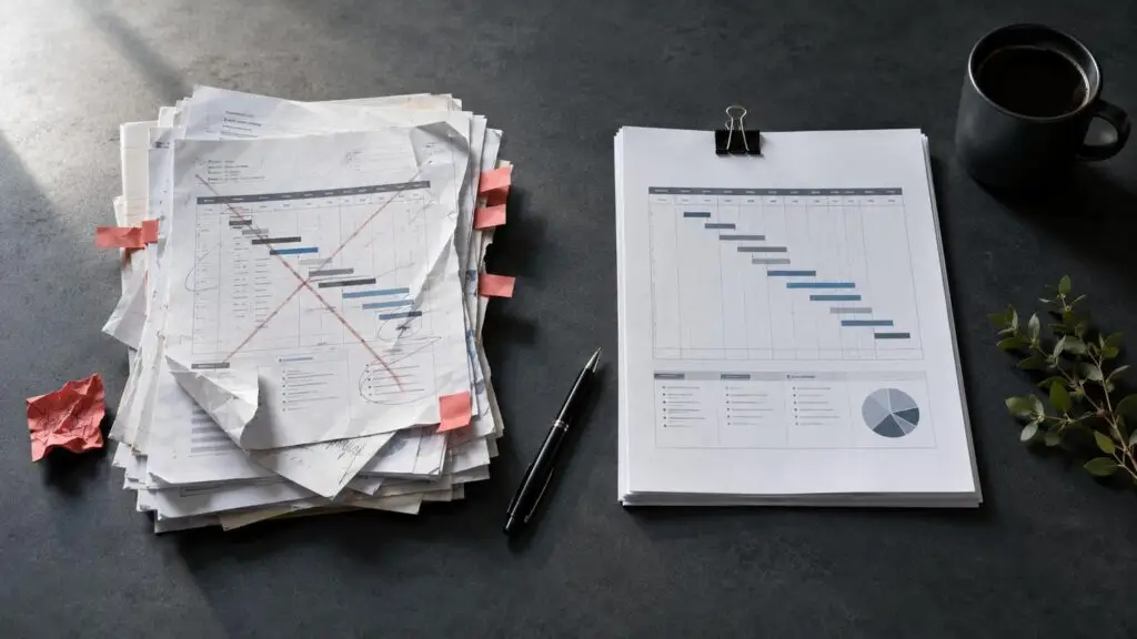 Top-down flat-lay of two project proposal stacks on a dark modern desk, one disorganized with red warning tabs and crossed-out notes representing the wrong project declined, and one clean and organized representing the right project accepted, with a pen pointing toward the clean stack communicating strategic project selection