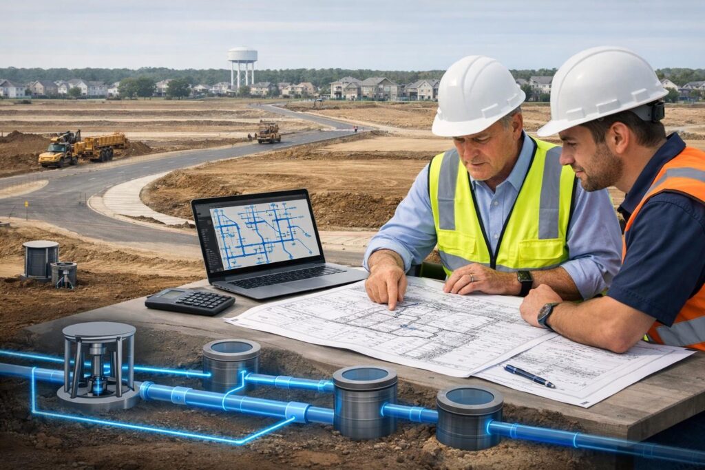 Civil engineers reviewing wastewater infrastructure plans for a Texas development project showing sewer pipelines, utility networks, and site engineering design.