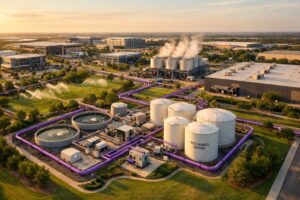 Texas commercial development wastewater reuse system showing treated effluent application for beneficial use under TCEQ 210E authorization instead of surface water discharge