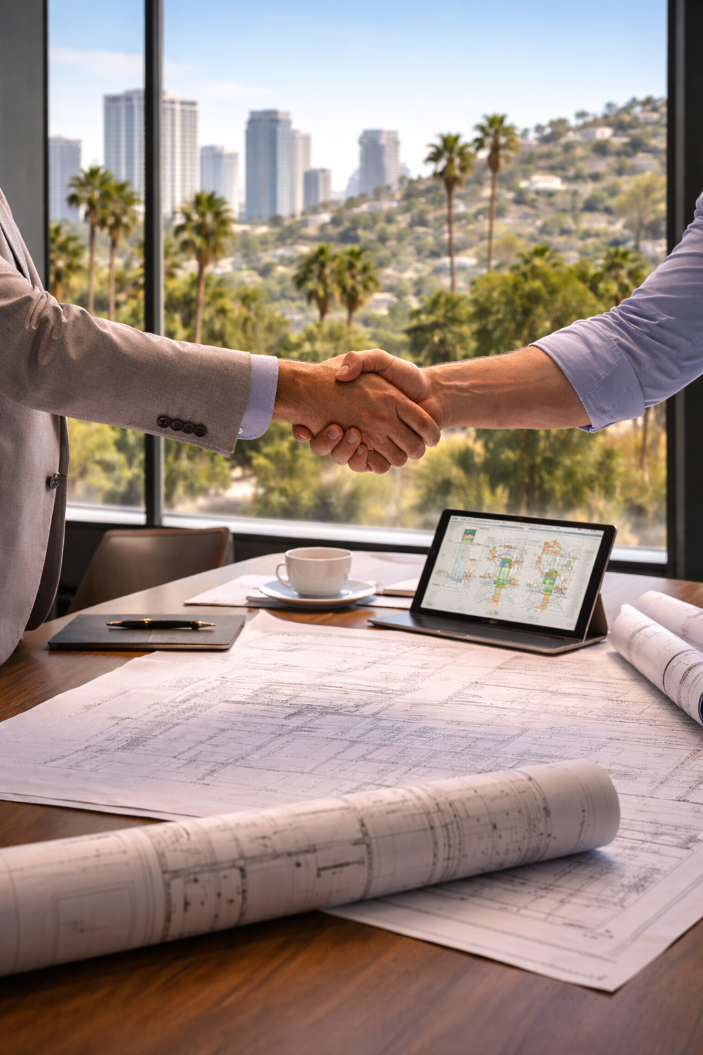 Two business professionals shaking hands in a sunlit California office with palm trees and coastal hillside visible through floor-to-ceiling windows