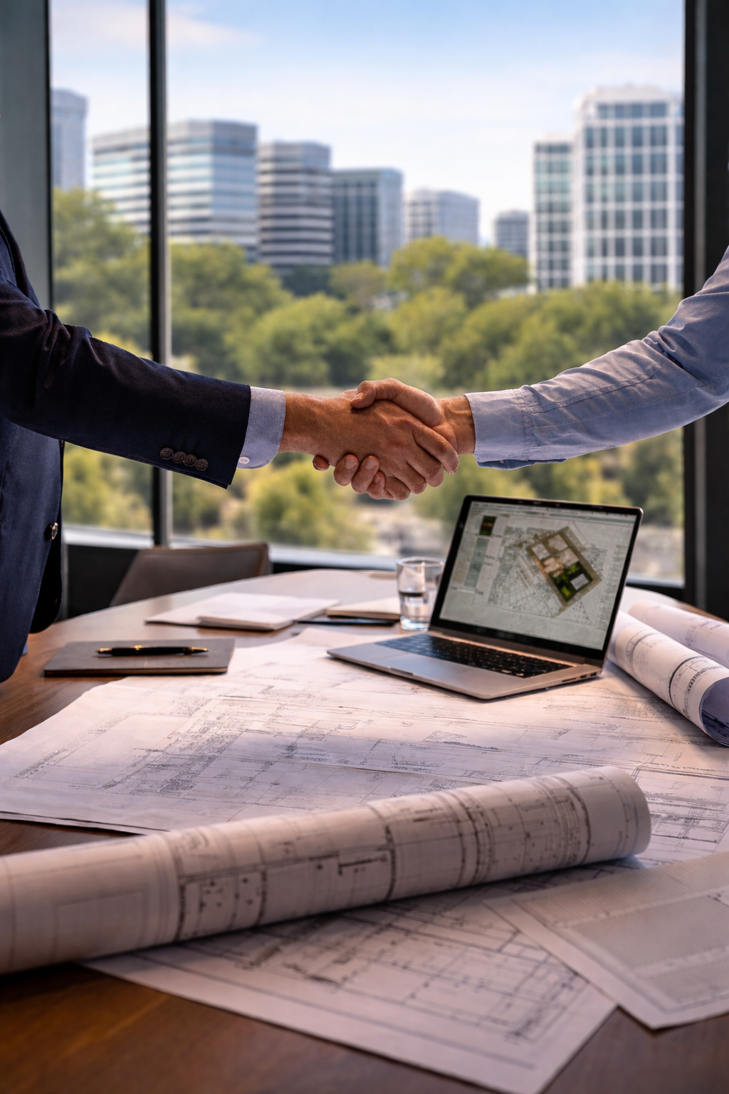 Two engineering professionals shaking hands over blueprints in a modern office with Colorado Rocky Mountain foothills visible through the window