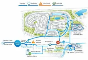 Civil engineering wastewater infrastructure planning diagram illustrating TCEQ wastewater permit delays affecting Texas development timelines.