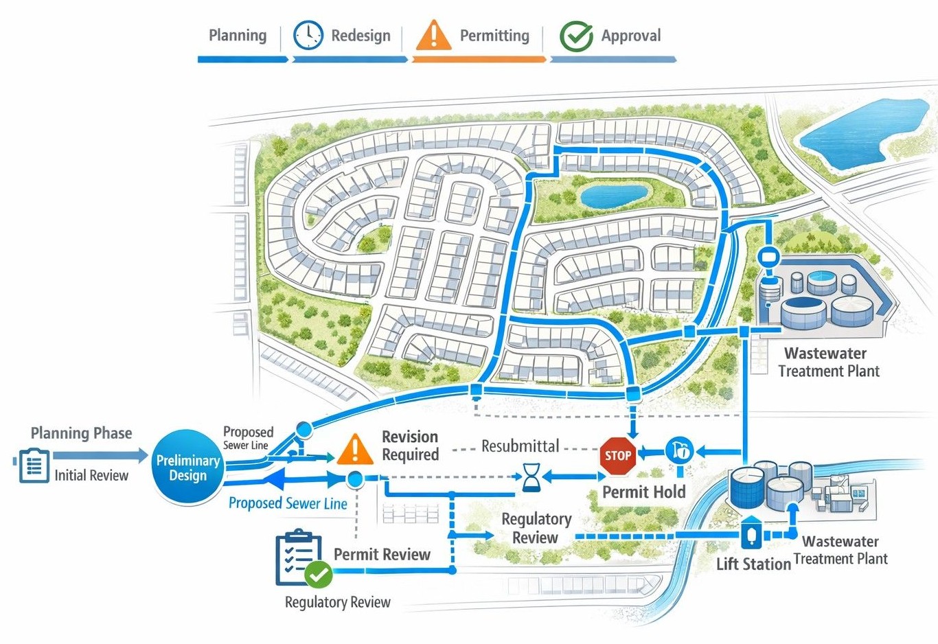 Civil engineering wastewater infrastructure planning diagram illustrating TCEQ wastewater permit delays affecting Texas development timelines.