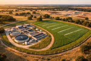 Texas Land Application Permit TLAP site layout showing treated wastewater effluent irrigation system with buffer zones and setback distances for developer projects