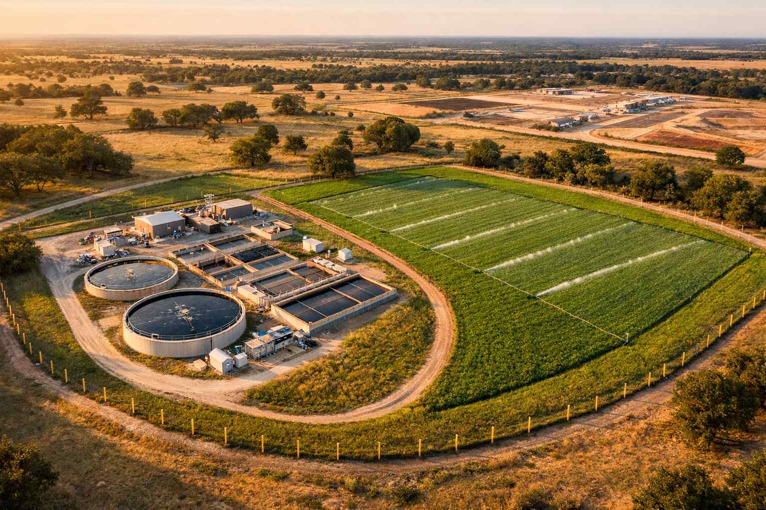 Texas Land Application Permit TLAP site layout showing treated wastewater effluent irrigation system with buffer zones and setback distances for developer projects