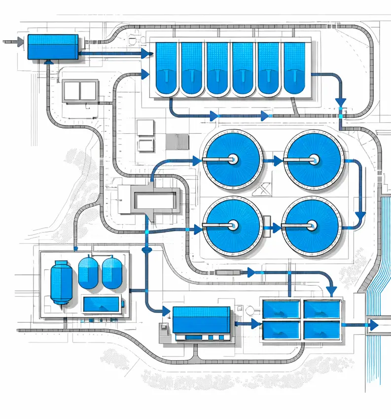 Wastewater sewer infrastructure network map showing trunk sewer mains, secondary collection lines, lift stations, and a central wastewater treatment plant serving a developing district.