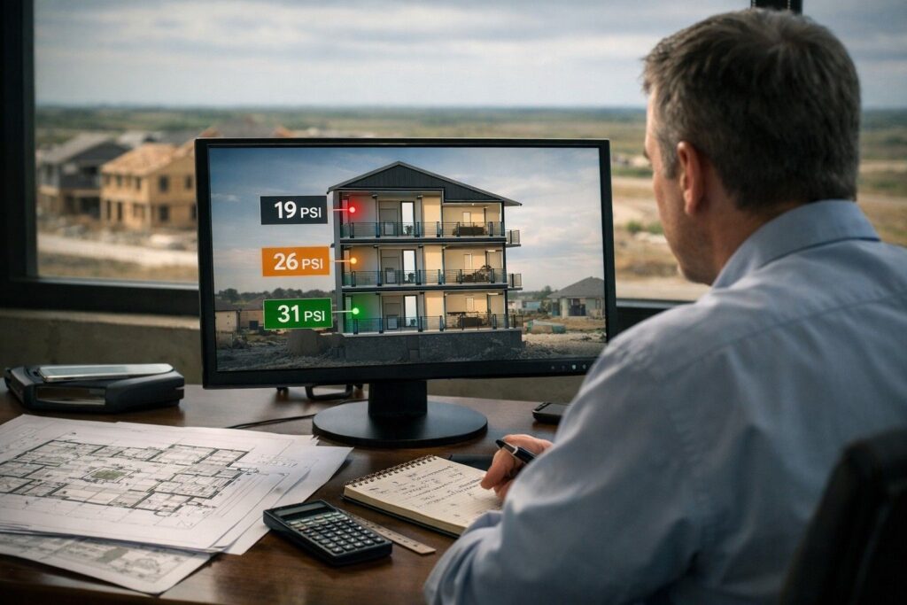 Hydraulic modeling diagram showing water pressure loss in a three-story Texas affordable housing development falling below the 20 PSI state minimum